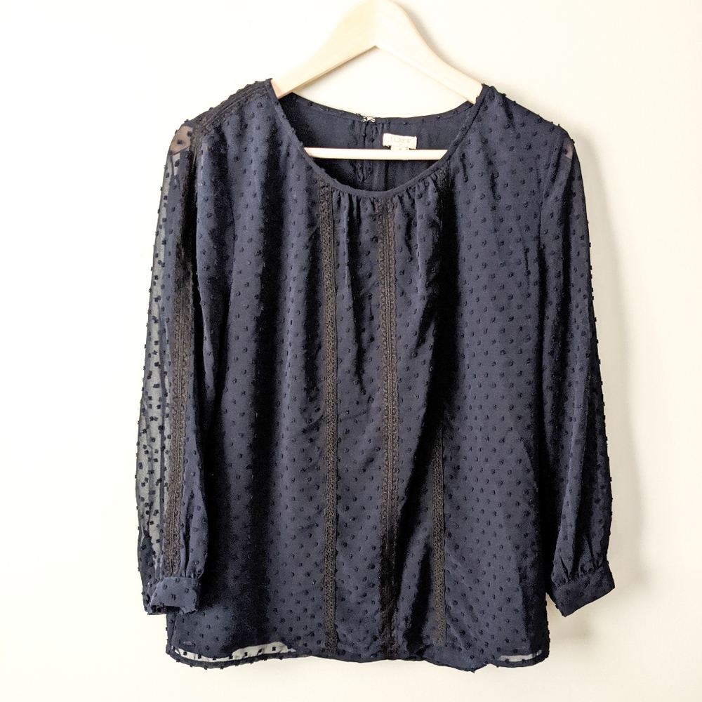 J.Crew Navy Textured Polkadot Silk Sheer Blouse